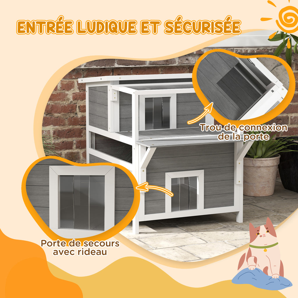 Maison pour chats 2 niveaux avec balcon abrité, toit ouvrable, extérieur, intérieur, gris clair-6