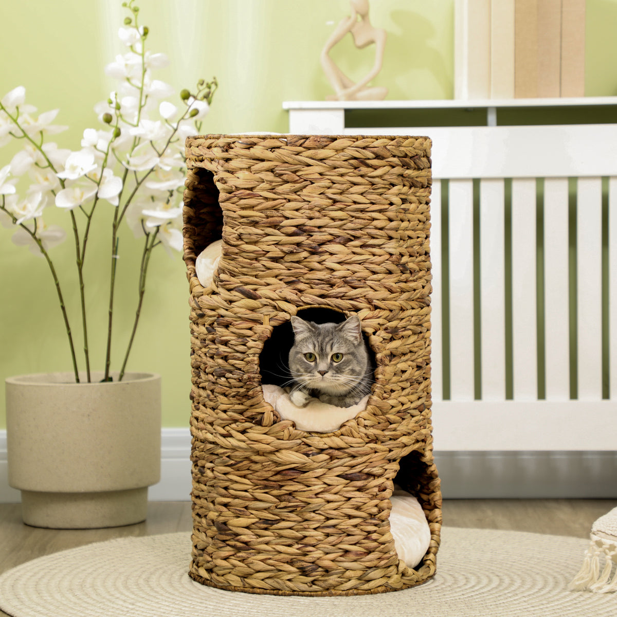 Tonneau à Gratter pour Chat 3 Niveaux, Coussins, Tressage en Jacinthe d'Eau, Cadre en Acier, Ø 40 x 73 cm, Marron Clair-1
