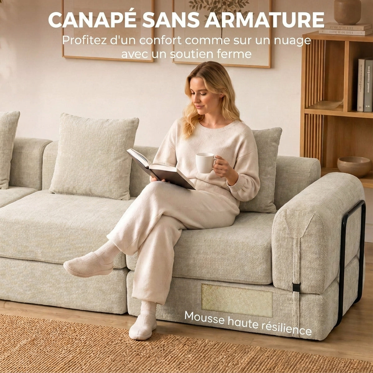 Canapé-Lit Pliable 245 cm, Canapé Compressé 3 Places Modulaire en Chenille avec Assise large, 3 Coussins, Beige-5
