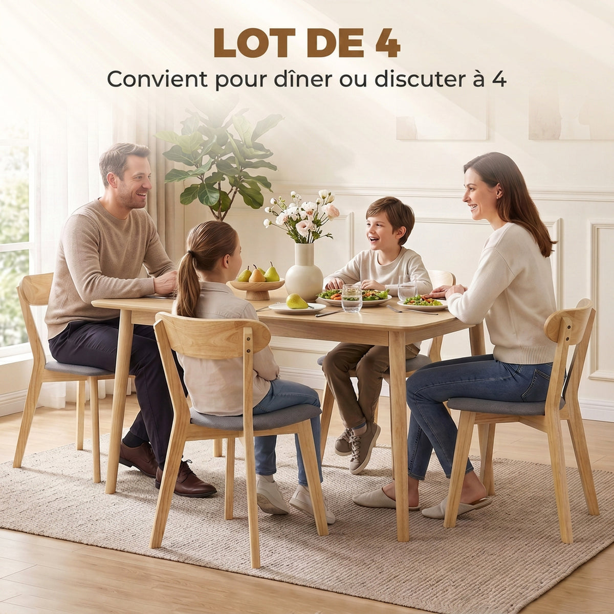 Lot de 4 Chaises de Salle à Manger, Chaises Cuisine, Assise Rembourrées en Lin, Dossier Incurvé, Gris et Bois Naturel-3