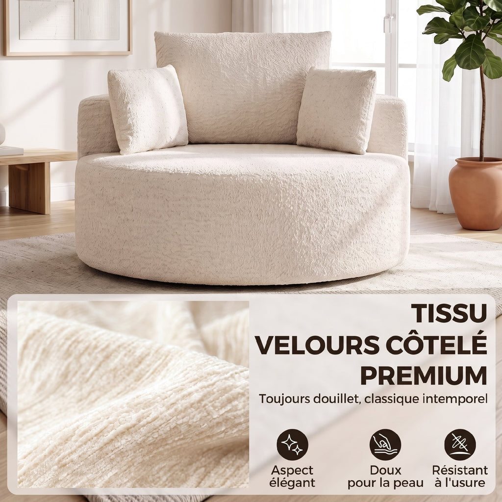 Pouf Canapé Rond en Chenille, Grande Assise, 2 Coussins, 1 Dossier, 1 Traversin, Charge 250kg, 130x130x82cm, Crème-5