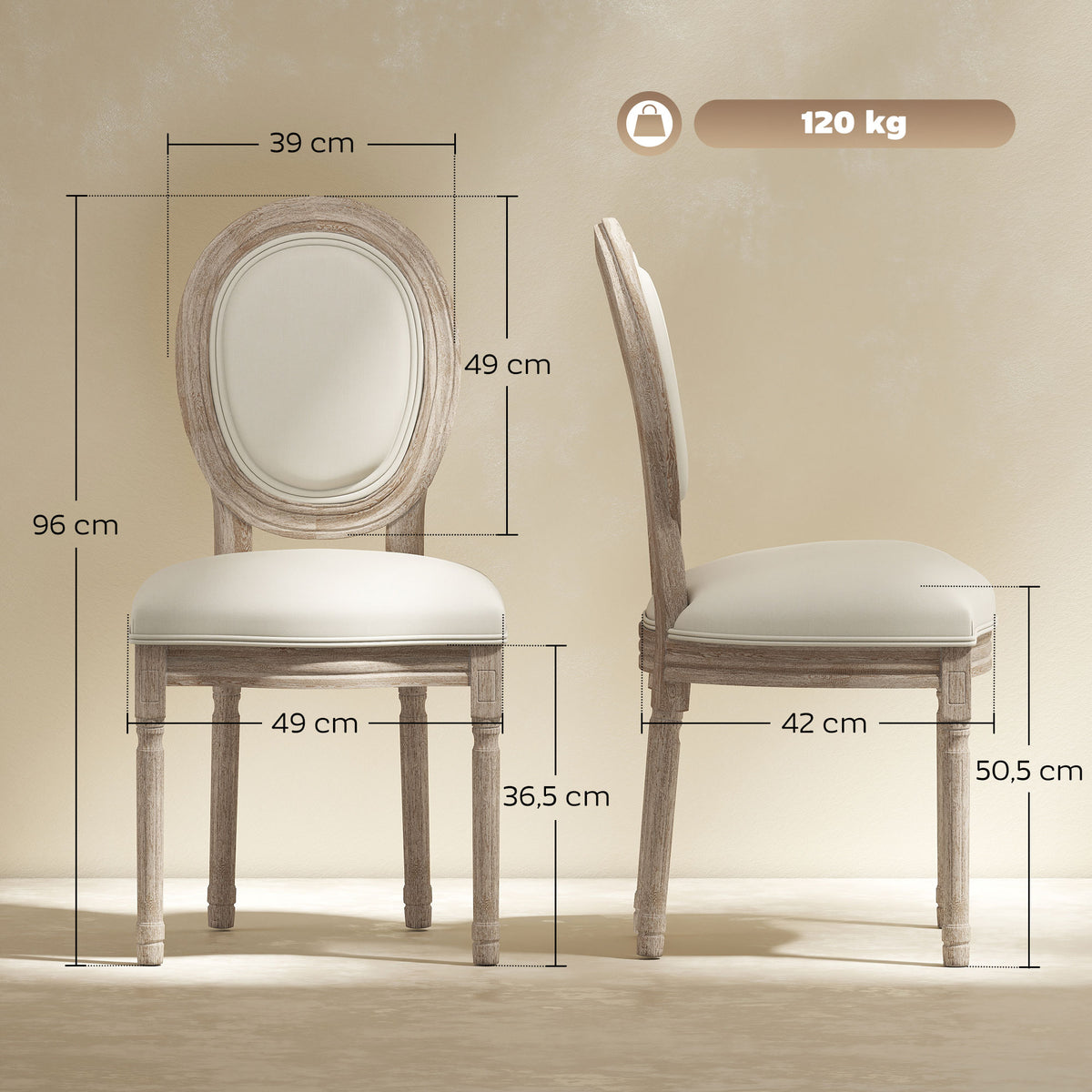 Lot de 2 chaises de Salle à Manger - Chaise de Salon médaillon Style Louis XVI Aspect Lin Crème-2