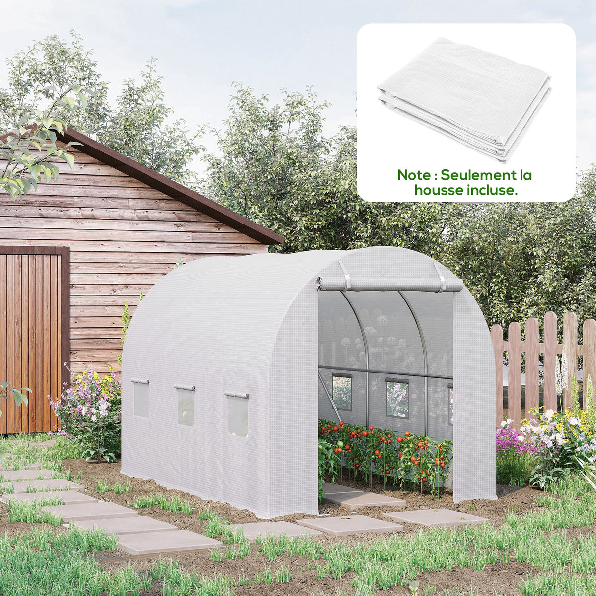Bâche de Rechange Serre Tunnel 6 m², bâche PE Anti-UV imperméable 6 fenêtres + Porte Enroulable zippée Blanc-8
