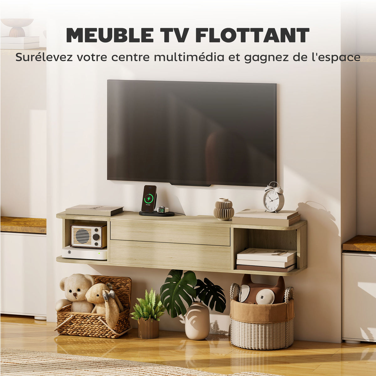 Meuble TV suspendu meuble télé pour téléviseur 50 pouces tiroir étagères passe-câbles 120x24x22,4cm effet bois naturel-5