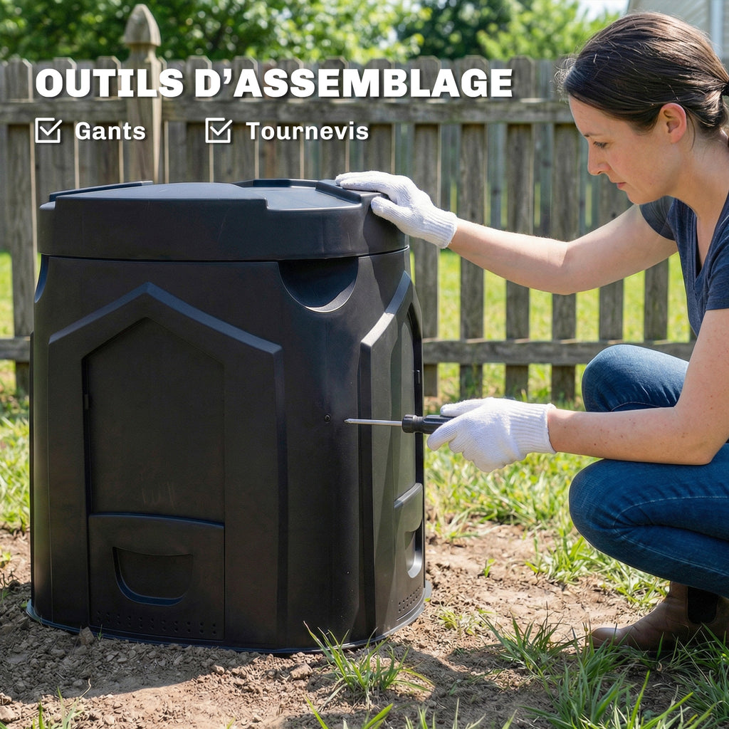Composteur de jardin, 240L, bac à compost extérieur, en polypropylène, 3 Portes, 66 Aérations, 78 x 75 x 78 cm, Noir-8