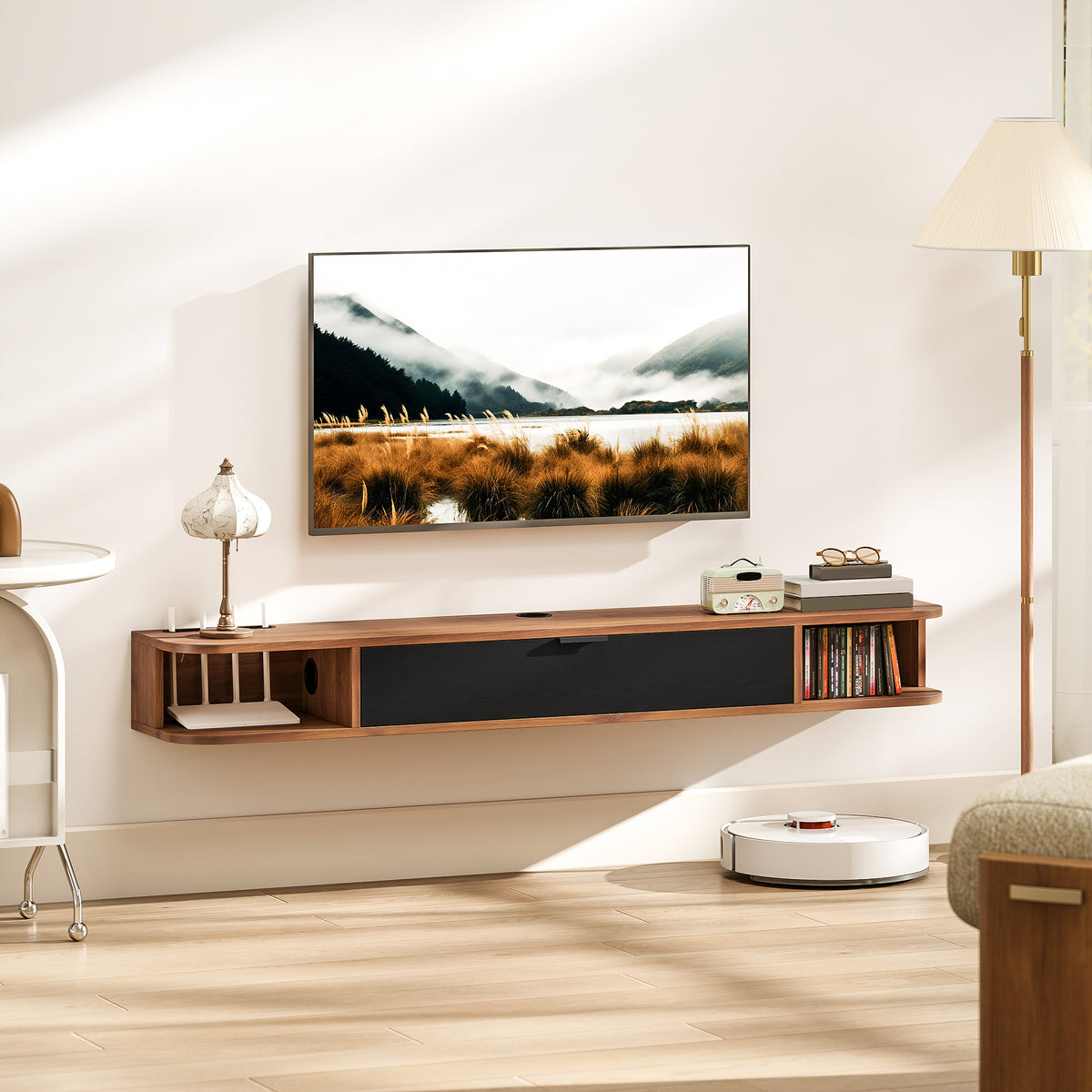 Meuble TV Suspendu, Meuble Télé pour Téléviseur jusqu'à 60 Pouces, Tiroir Rabattable, 2 Étagères, 140x24x16cm, Noyer-1