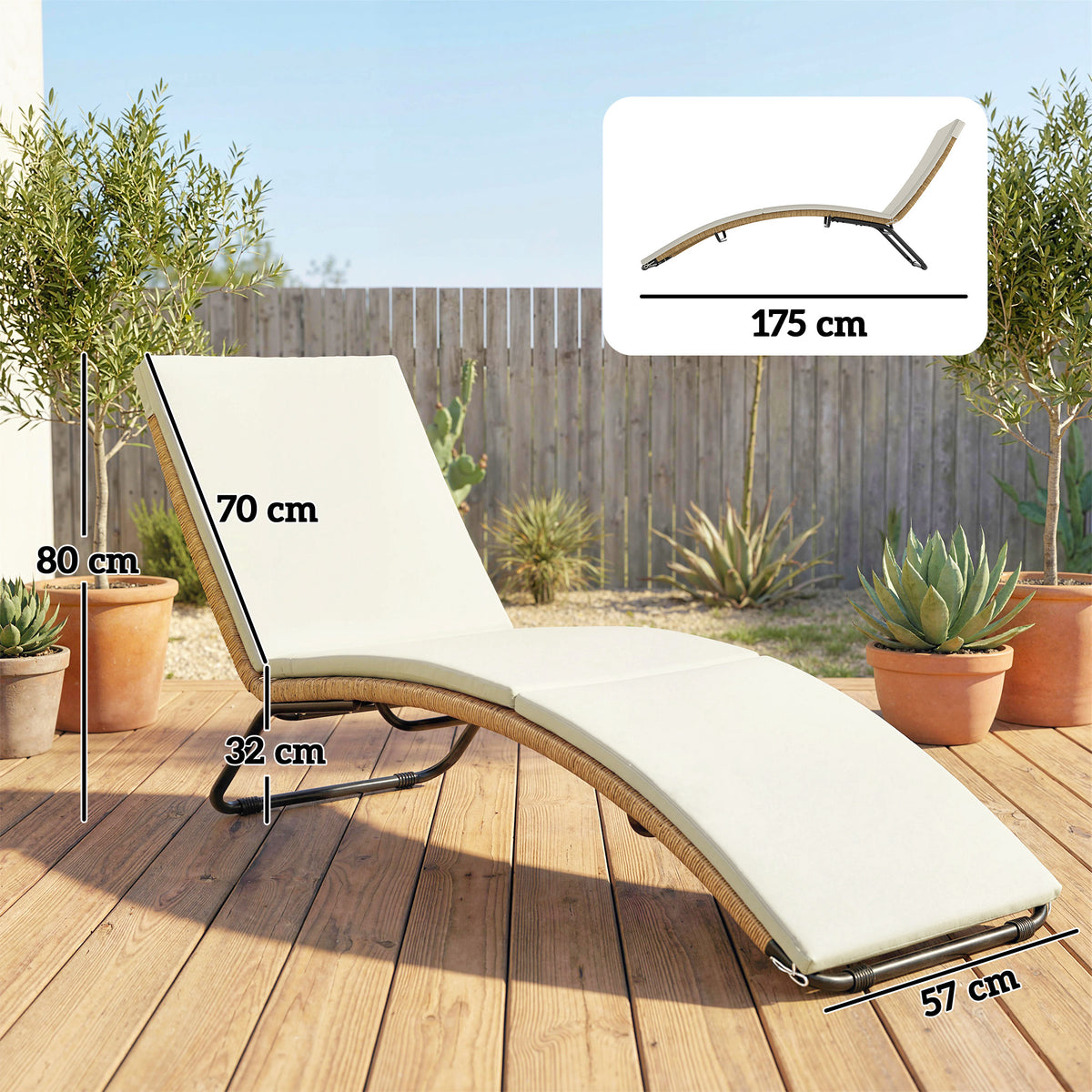 Bain de soleil en résine tressée transat de jardin design en S courbe naturelle structure robuste acier coussin crème-2
