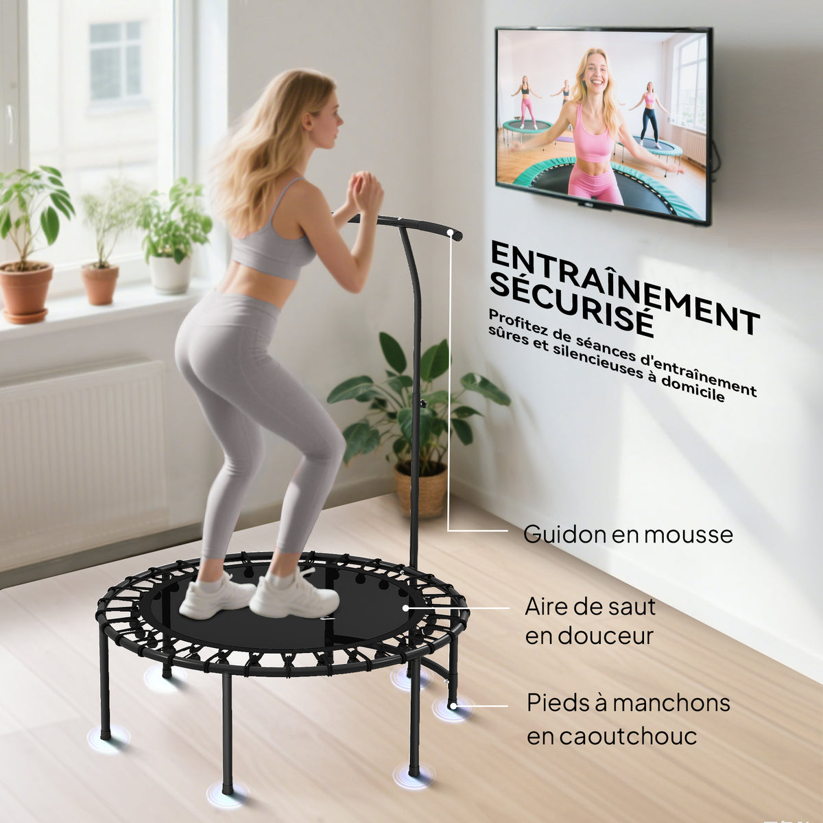 Trampoline de Fitness avec Cordes Élastiques, Poignée Réglable 5 Positions, Capacité 100 kg, Acier, Ø102x132cm, Noir-5