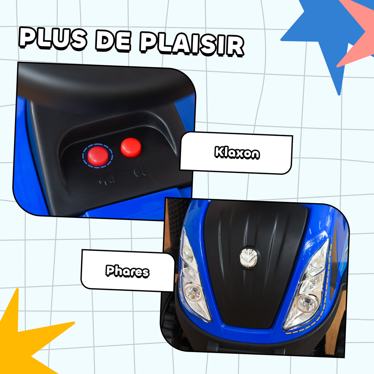 Porteur tracteur enfants avec coffre amovible, râteau et pelle, voiture enfants avec lumière LED et klaxon, bleu-5