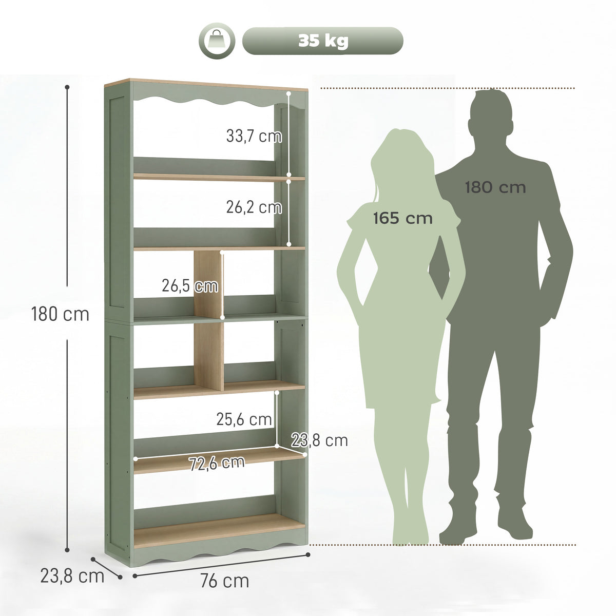 Bibliothèque, étagère de rangement à 6 niveaux avec 6 compartiments ouverts, 76 x 23,8 x 180 cm, bois naturel et vert-2