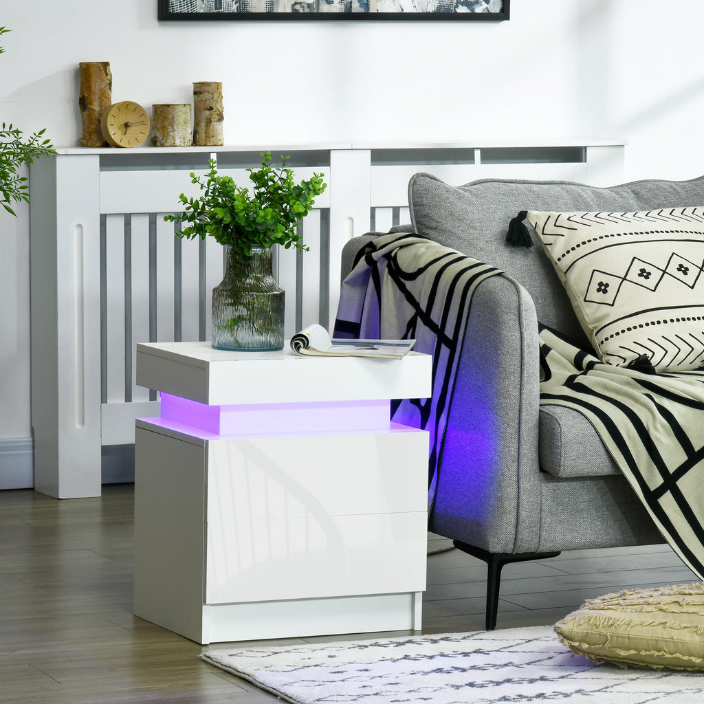 Table de chevet table de nuit lumière LED RVB panneau haute brillance avec 2 tiroirs pour salon chambre à coucher blanc-9
