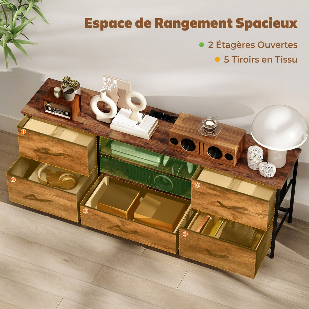 Meuble TV 140 cm, Meuble Télé 65 Pouces, Station de Charge, 5 Tiroirs en Tissu, Étagères Ouvertes, Brun Rustique-4