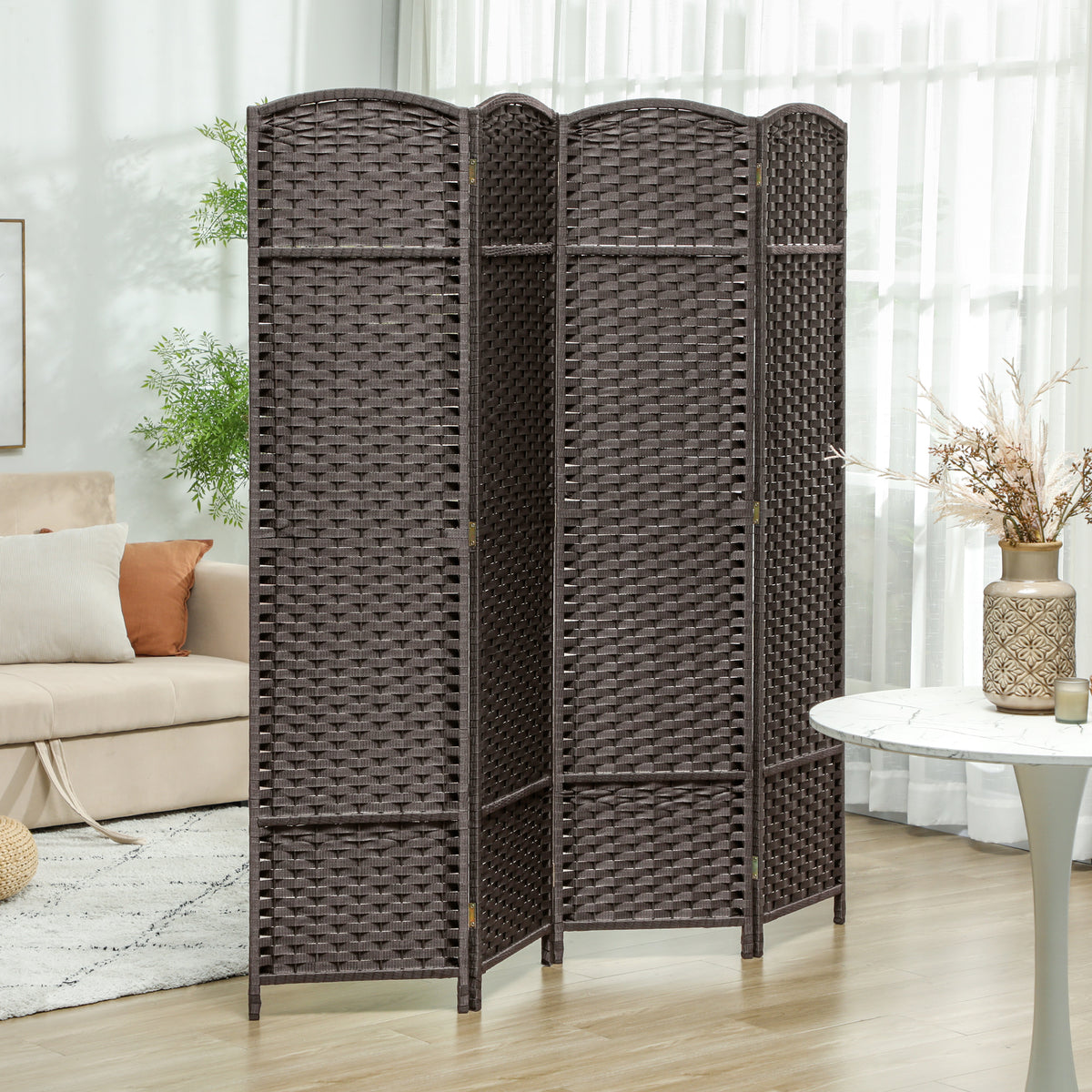 Paravent interieur en bois 4 panneaux 160 x 170 cm séparateur de pièce pliable pour salon, chambre à coucher, marron-1