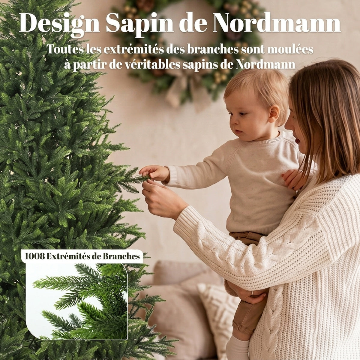 Sapin de Noël Artificiel 210 cm Nordmann, 1008 Pointes de Branches Articulées Réalistes en PE, Support en Bois, Vert-4