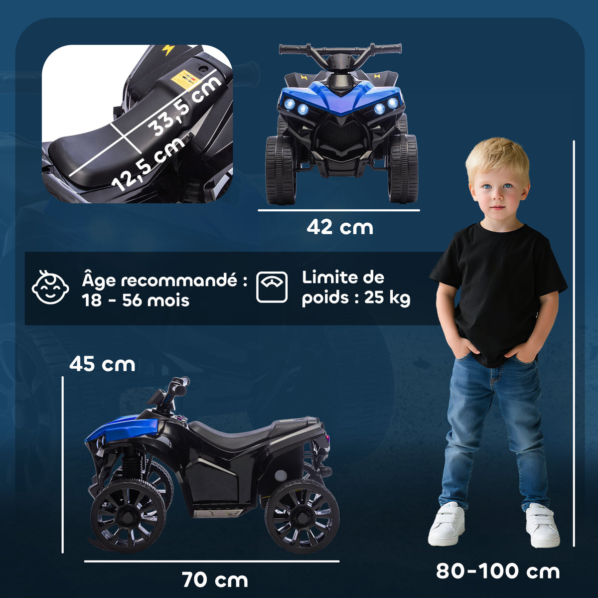 Quad Électrique Enfant 6V, Voiture Électrique Enfants ATV, Musique et Phares LED, 18-56 Mois, 70x42x45cm, Bleu-2