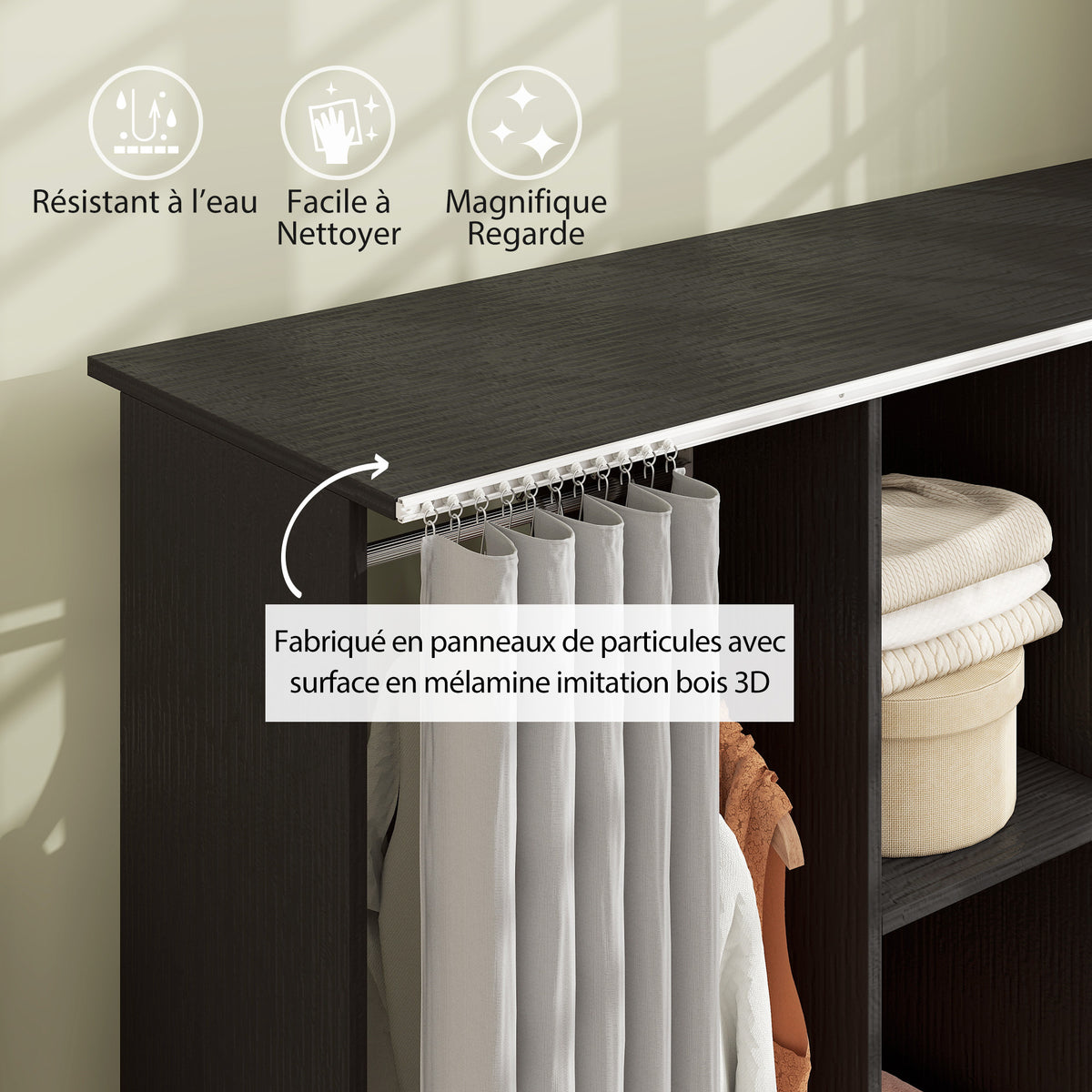 Armoire penderie Meuble de Rangement Mobile 6 roulettes 120L x 40l x 128H cm en bois Noir-3