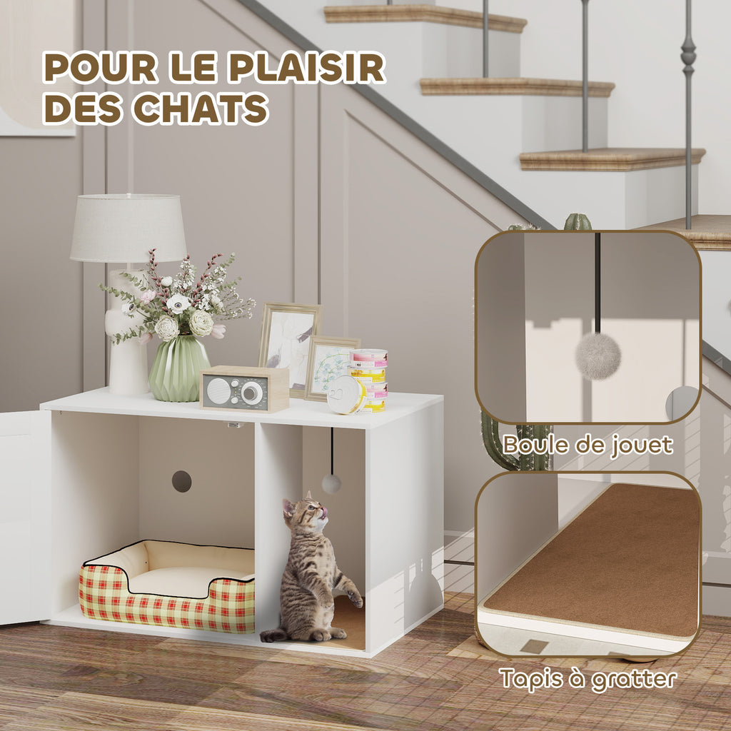 Maison de toilette chat meuble litière pour chat tapis griffoir porte avec poignées style bohème 80 x 50 x 50 cm blanc-6
