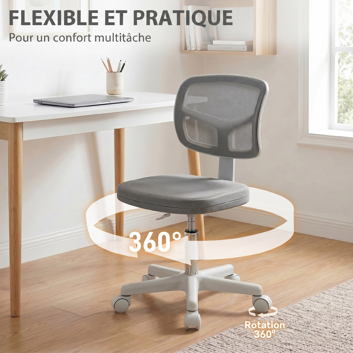 Chaise de Bureau Ergonomique Sans Accoudoirs, Fauteuil de Bureau Pivotant, Dossier Courbé en Maille et Roulettes, Gris-5