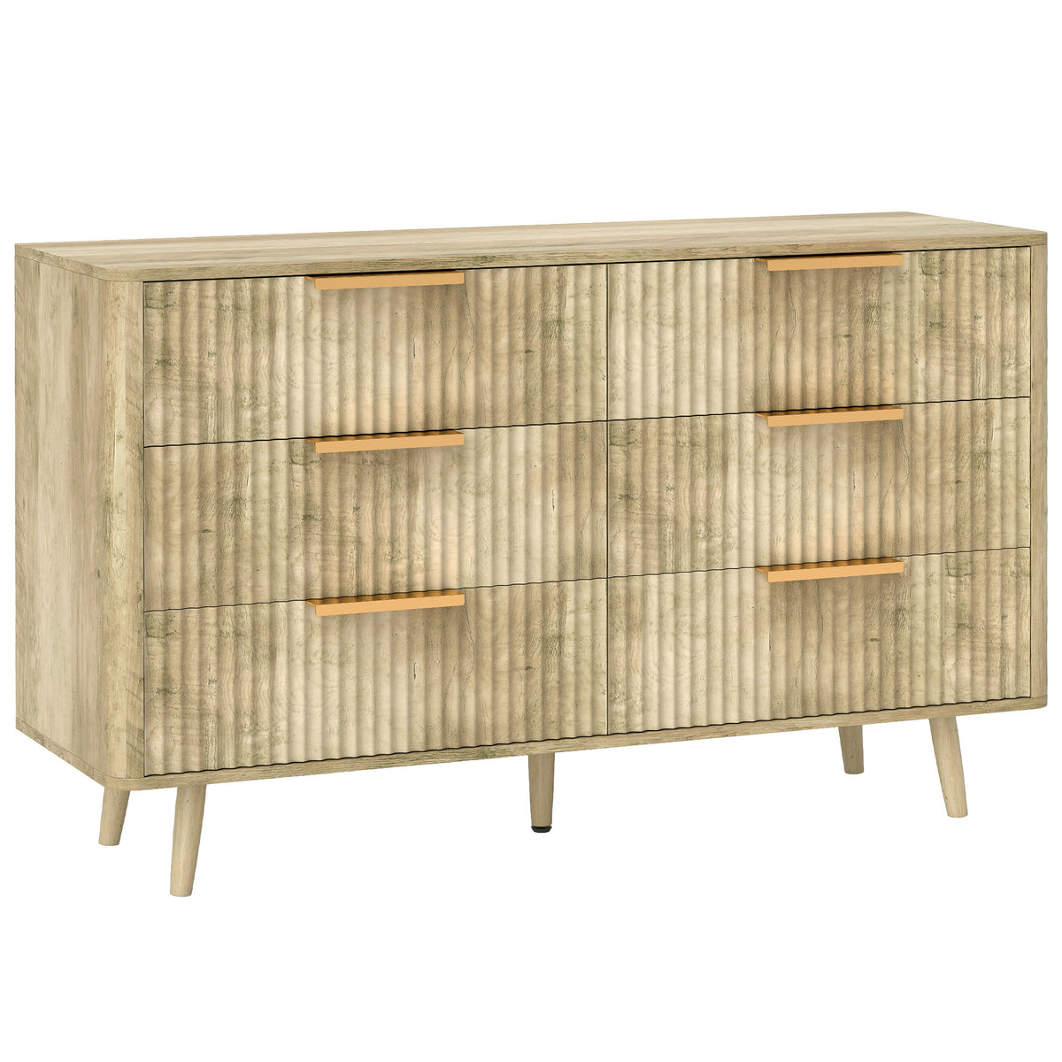 Commode 6 tiroirs scandinave avec poignées et pieds de pin, pour chambre à coucher, salon, couloir, 120x40x76cm, chêne-0