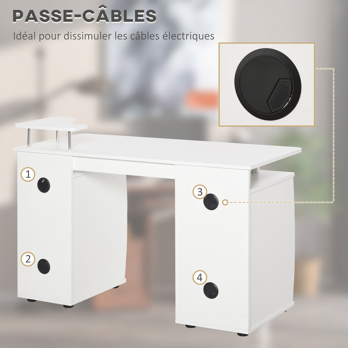 Bureau informatique multimédia multi-rangements 120L x 55l x 85H cm en bois blanc-4