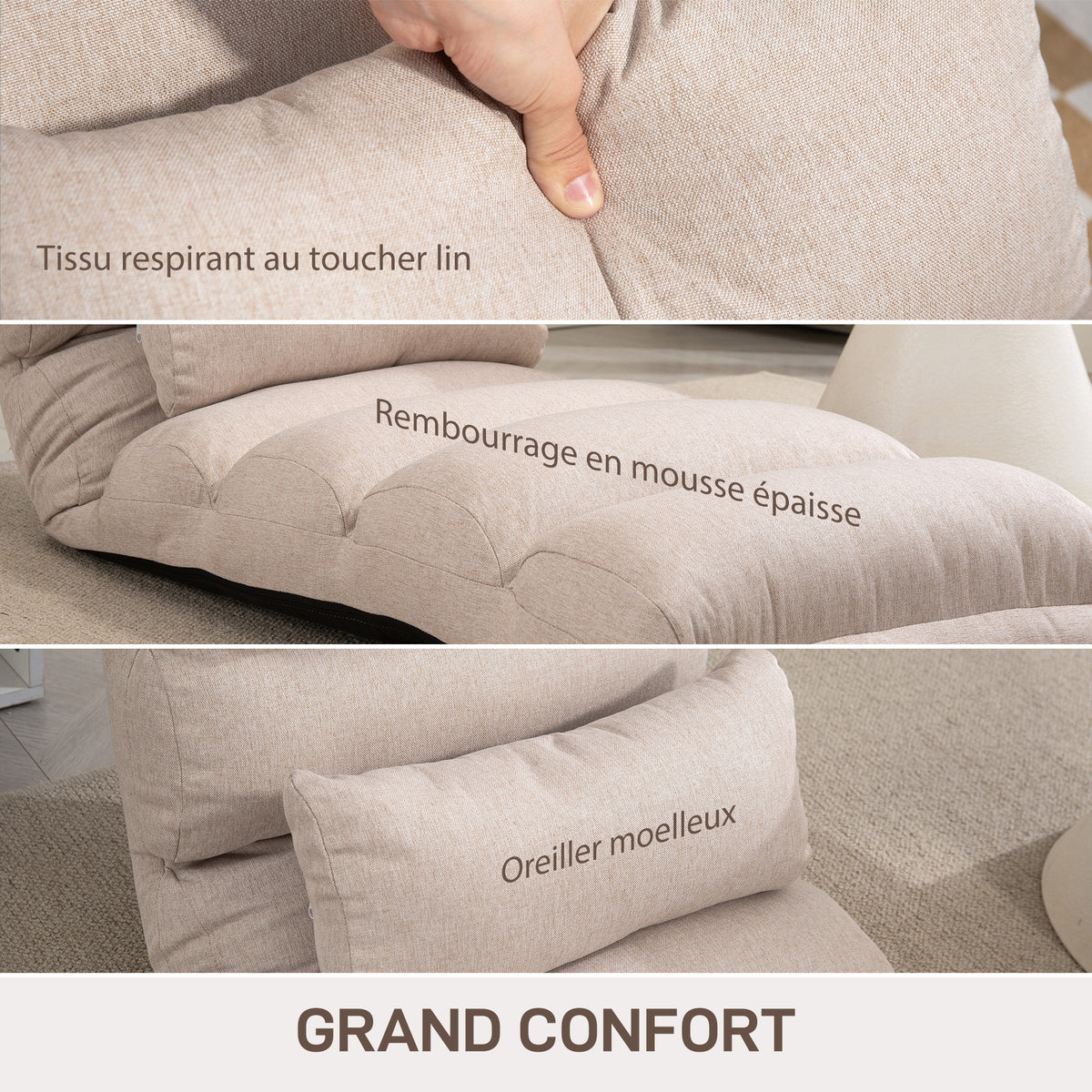 Chauffeuse 1 place fauteuil convertible avec dossier et appui-tête réglables sur 5 positions, 58x119x78cm, beige-4