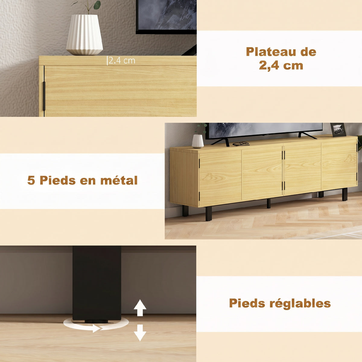 Meuble TV 180 cm, meuble télé pour 82 pouces avec 4 portes à ouverture par pression 180x35x55,5cm bois naturel-5