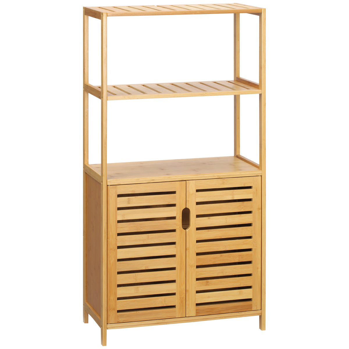 Meuble salle de bain en bambou, armoire salle de bain sur pied, 2 étagères ouvertes et double porte à lattes, naturel-0