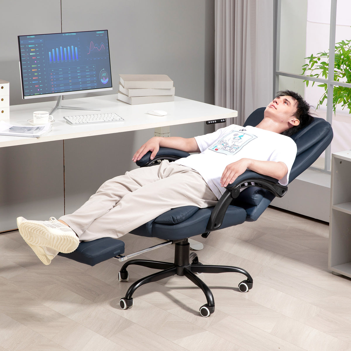Fauteuil de bureau massant, chaise de bureau avec hauteur réglable, dossier inclinable et télécommande filaire, bleu-1