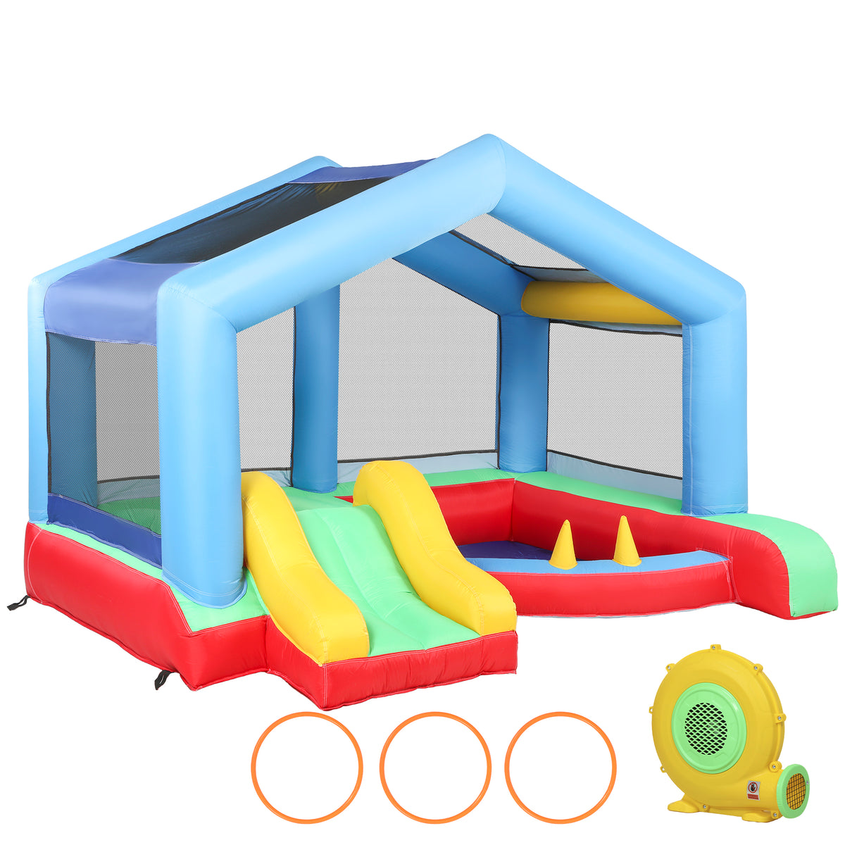 Château gonflable 4 en 1, aire de jeux avec souffleur, toboggan, piscine à balles, jeu de lancer d'anneaux, multicolore-0