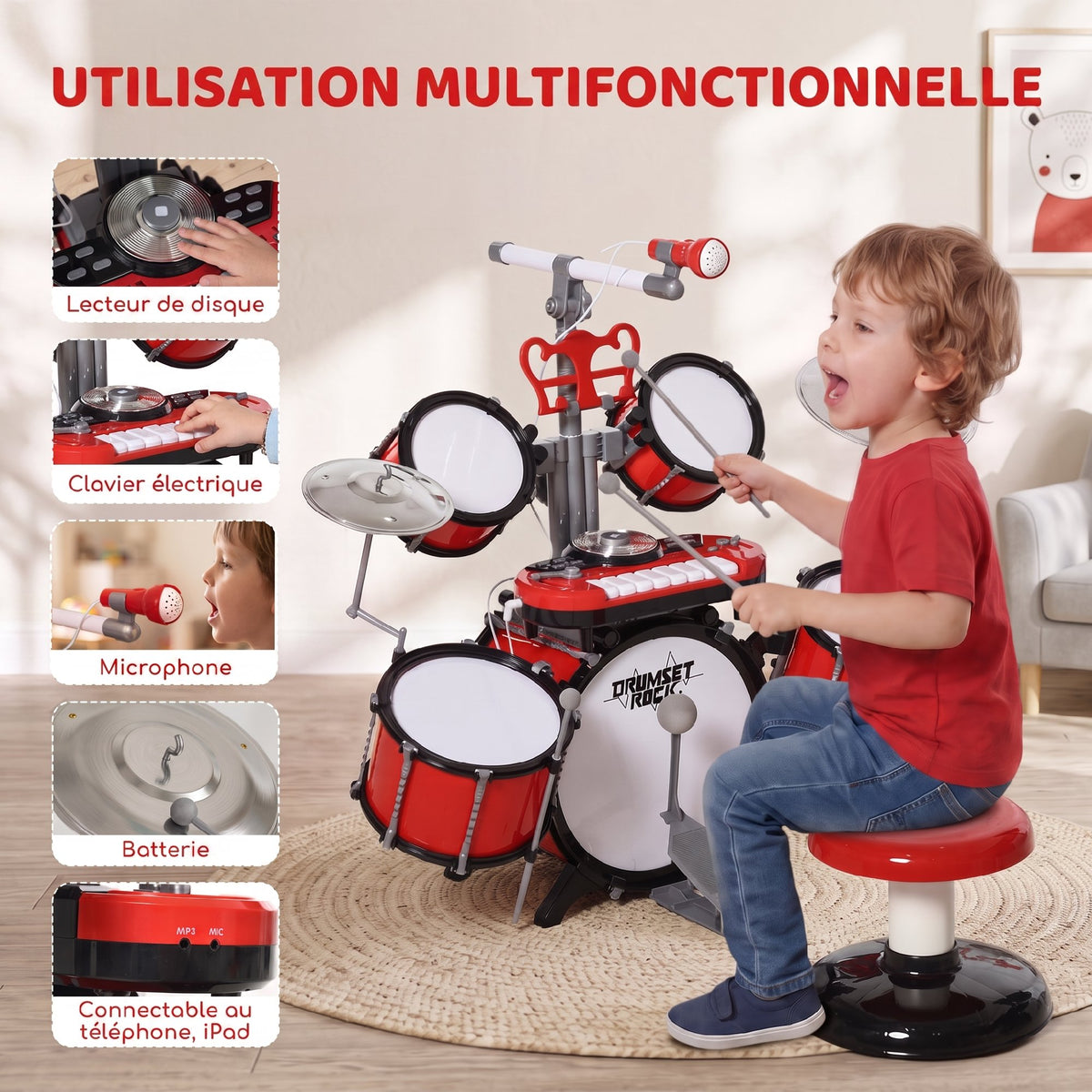 Kit de Batterie pour Enfants avec Tabouret, Clavier Électronique, Microphone, Connecté via USB, 77,5x40x76,5cm, Rouge-4