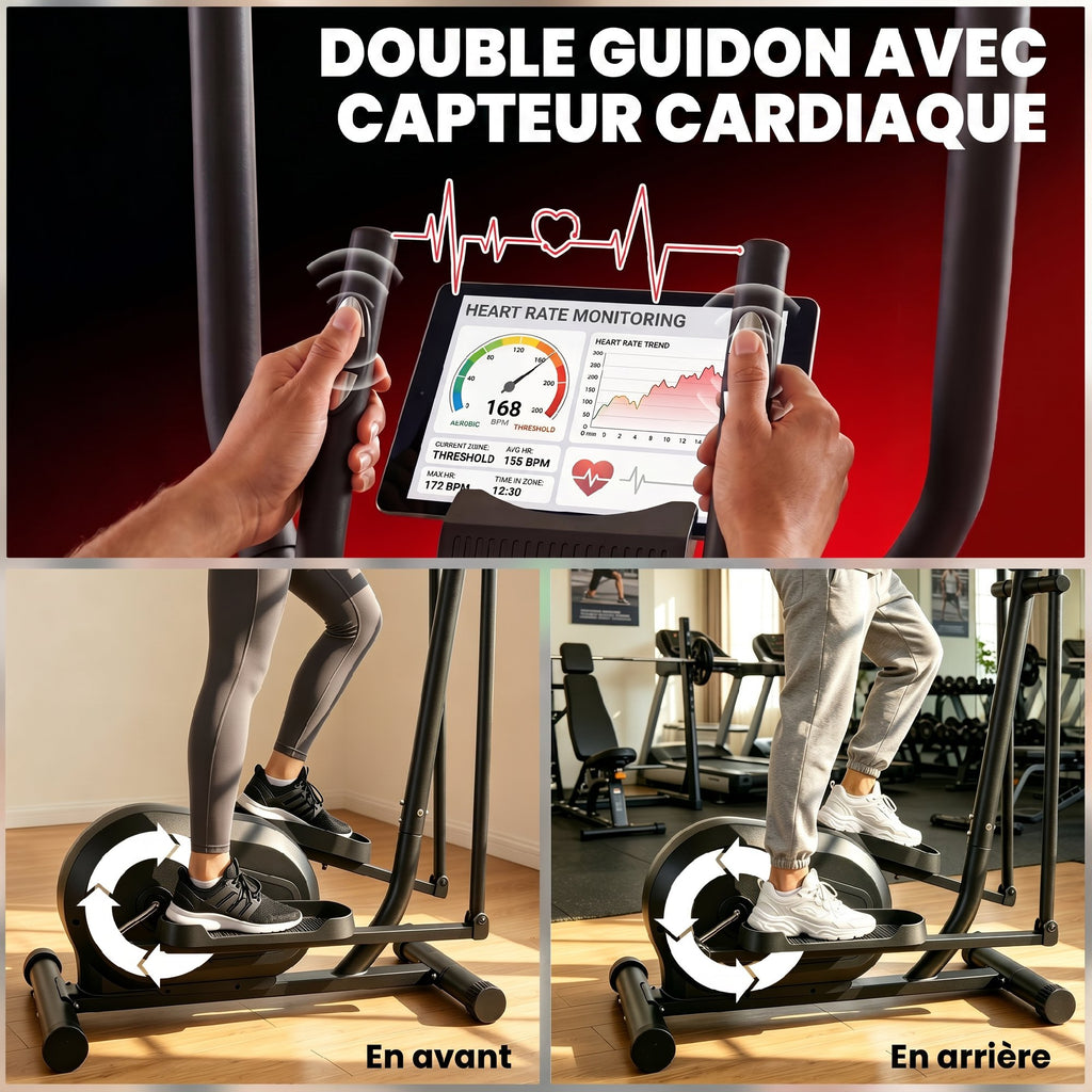 Vélo Elliptique, Écran LCD, Résistance 8 Niveaux, Capteur Pouls, Bluetooth, Support pour Téléphone, 100x52x153cm, Gris-6