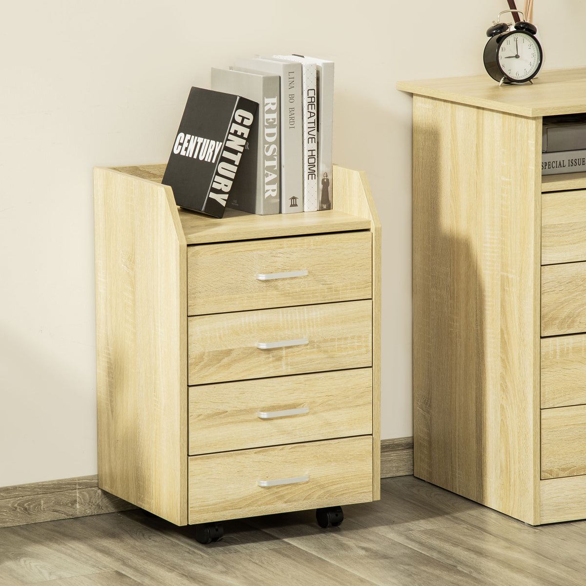 Caisson bureau rangement sur roulettes 4 tiroirs coulissants MDF et panneaux particules 40x36x65cm bois naturel-6
