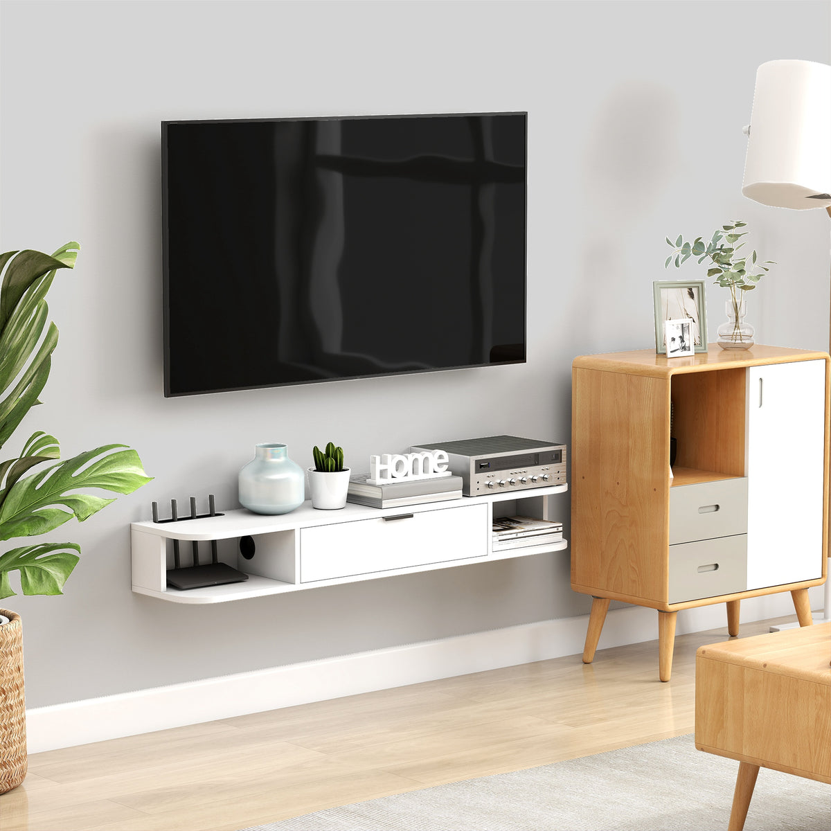 Meuble TV suspendu, meuble télé pour téléviseur jusqu'à 50 pouces, tiroir rabattable 2 étagères 120x24x16cm blanc-7