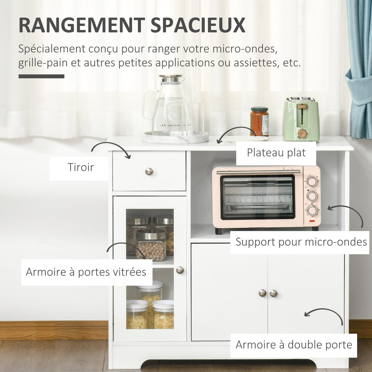 Meuble micro-ondes, buffet cuisine, armoire de rangement, pour cuisine, salle à Manger 90 x 40 x 82 cm verre trempé et bois, blanc-3