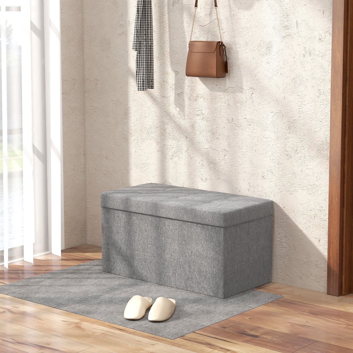 Banc de rangement pouf de rangement pliable bout de lit repose-pieds avec couvercle 76L x 38l x 38H cm gris clair-5