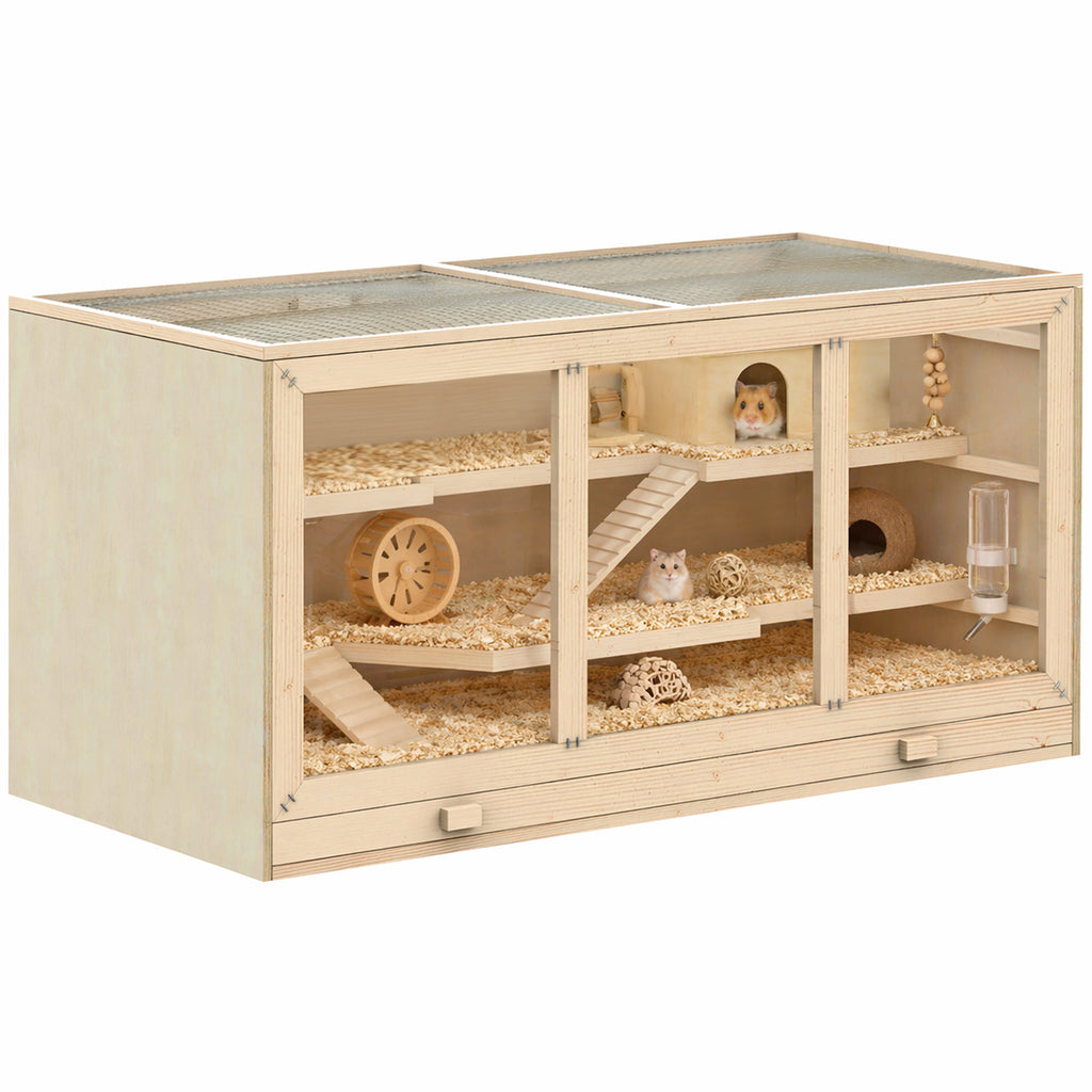 Cage à hamster cage gerbilles 2 niveaux toit ouvrable fenêtres cabane 2 échelle, 115 x 57 x 55 cm, effet bois naturel-0