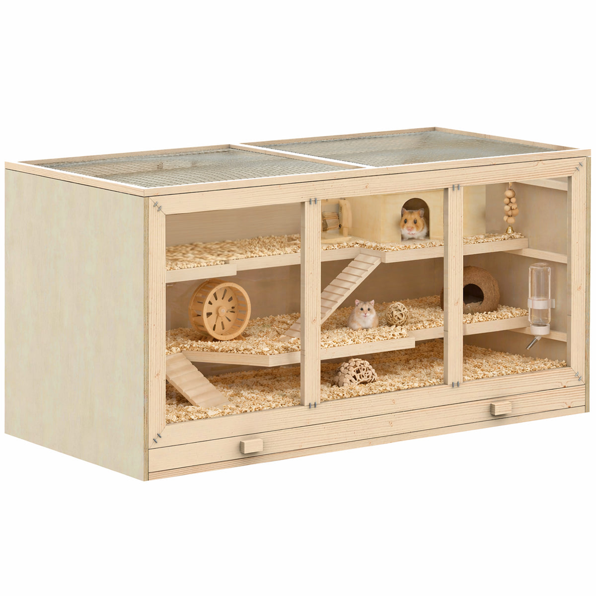 Cage à hamster cage gerbilles 2 niveaux toit ouvrable fenêtres cabane 2 échelle, 115 x 57 x 55 cm, effet bois naturel-0