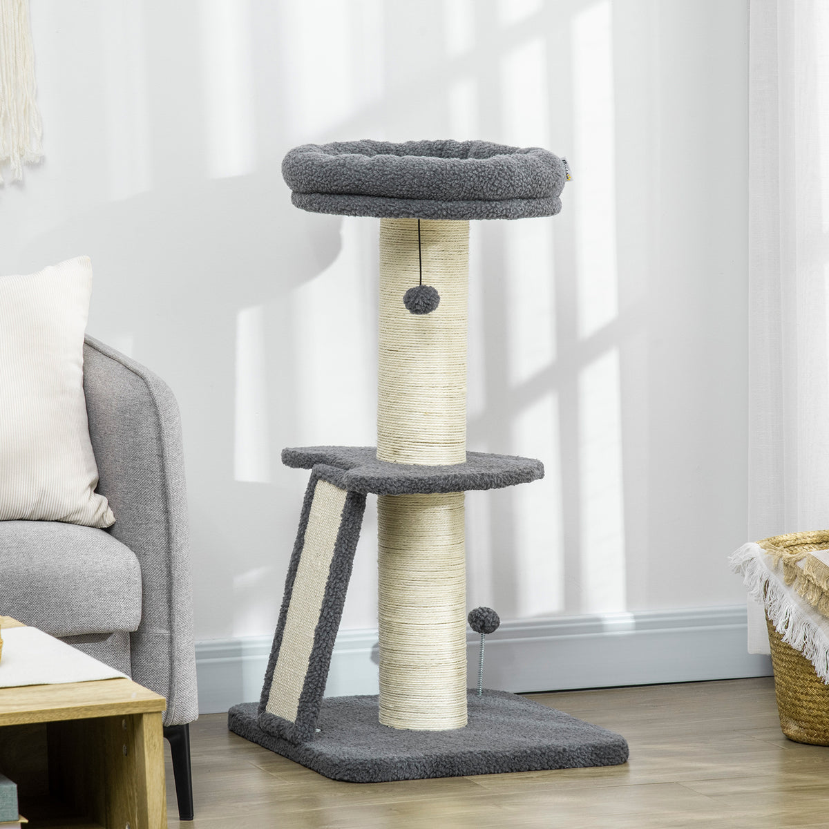 Arbre à chat avec griffoir tronc en sisal boules suspendues et plate-forme d'observation hauteur 92 cm - gris-9