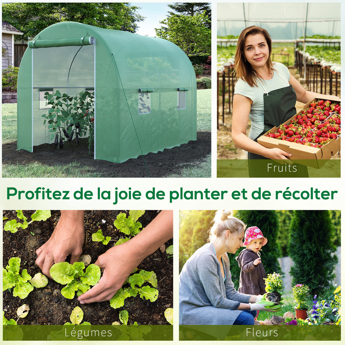 Serre de Jardin Tunnel Surface Sol 6 m² 3L x 2l x 2,10H m châssis Tubulaire renforcé Porte zippée 4 fenêtres enroulables cadre en métal Vert-6