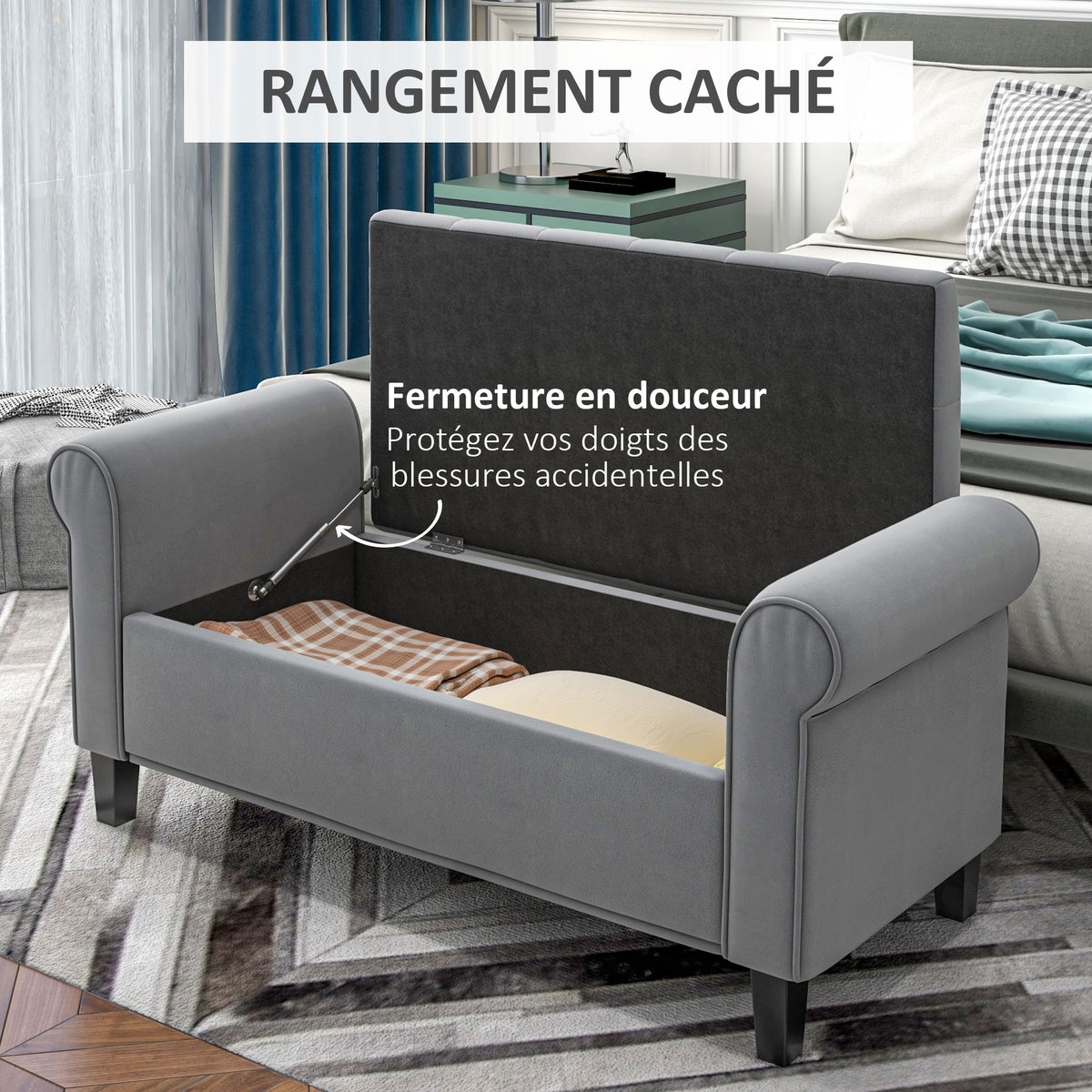 Banc de rangement bout de lit avec accoudoirs, tissu effet velours rembourré et capitonné, 126 x 48,5 x 57 cm, gris-3