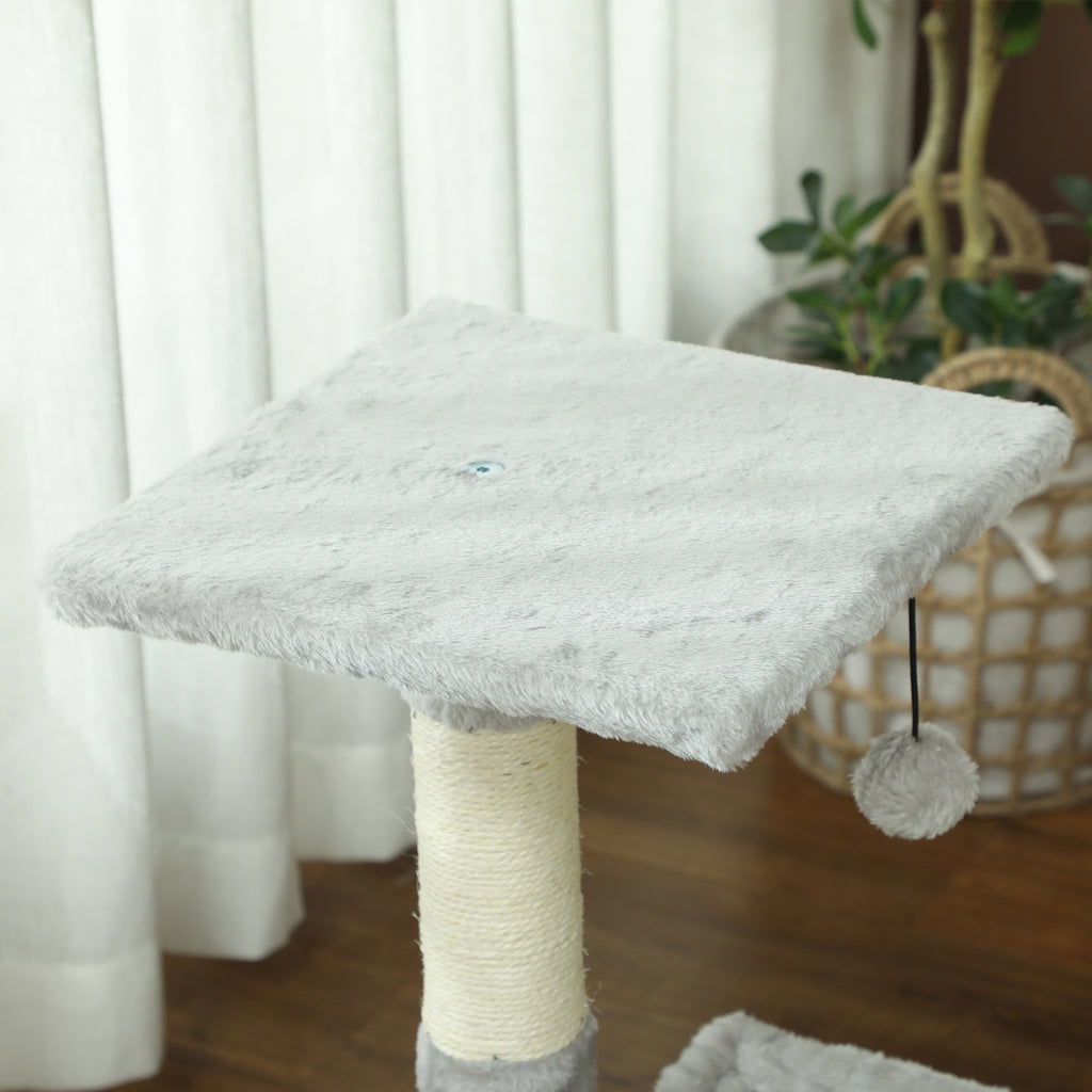 Arbre à chat 3 griffoirs grattoirs sisal naturel plateforme hamac et boule suspendue 50 x 26 x 70 cm peluche courte gris-7