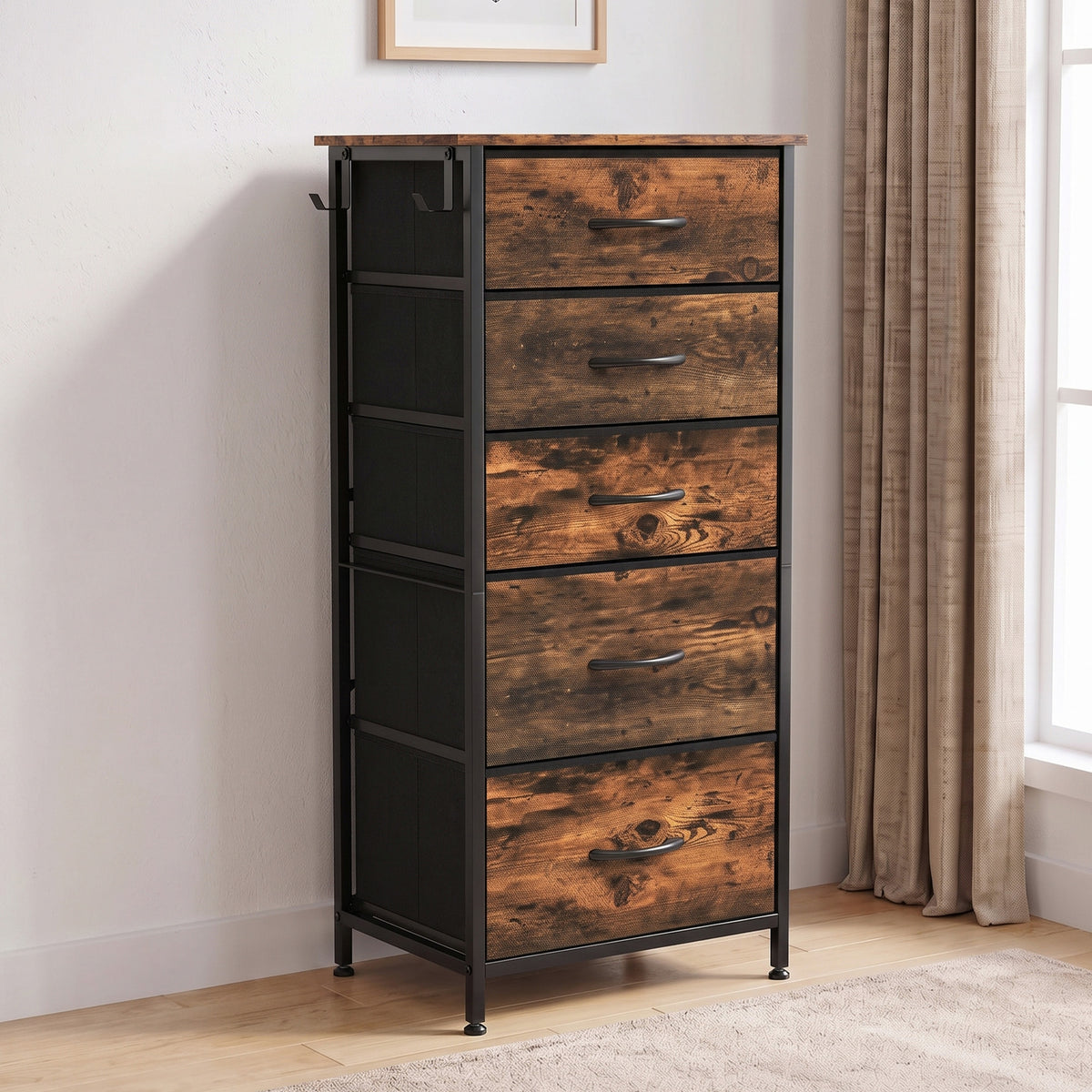 Commode 5 Tiroirs en Tissu Pliables, Commode Chambre Adulte avec Poches Latérales et 2 Crochets, Brun Rustique-1