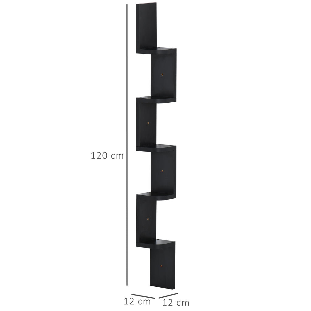 Étagère d'angle Murale à 5 Niveaux Hauteur 120 cm Forme de Zigzag en Bois Noire-2