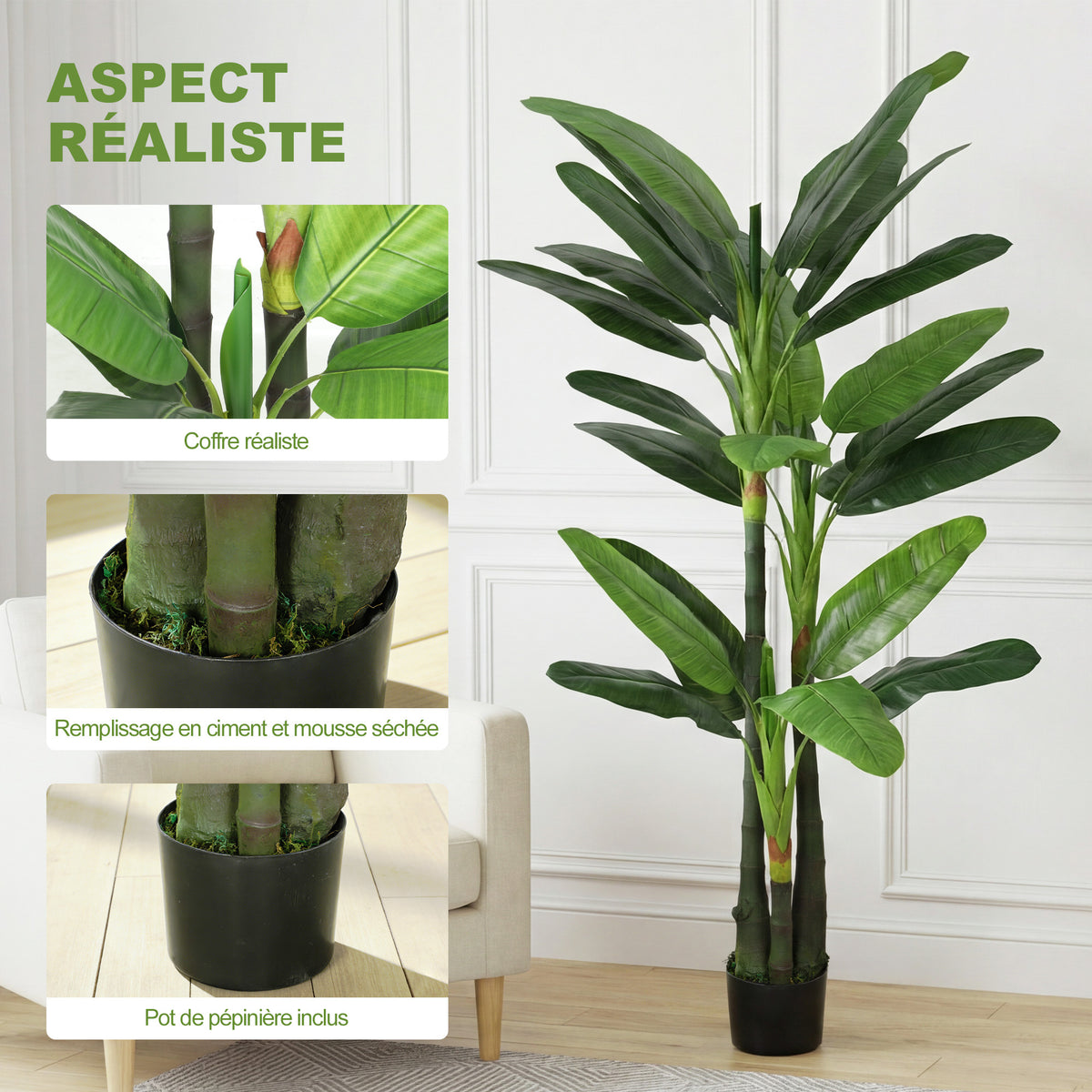 Plante Artificielle Bananier 180 cm, 18 Feuilles Réalistes, Pot, Entretien Facile, pour Maison Bureau, Vert-3
