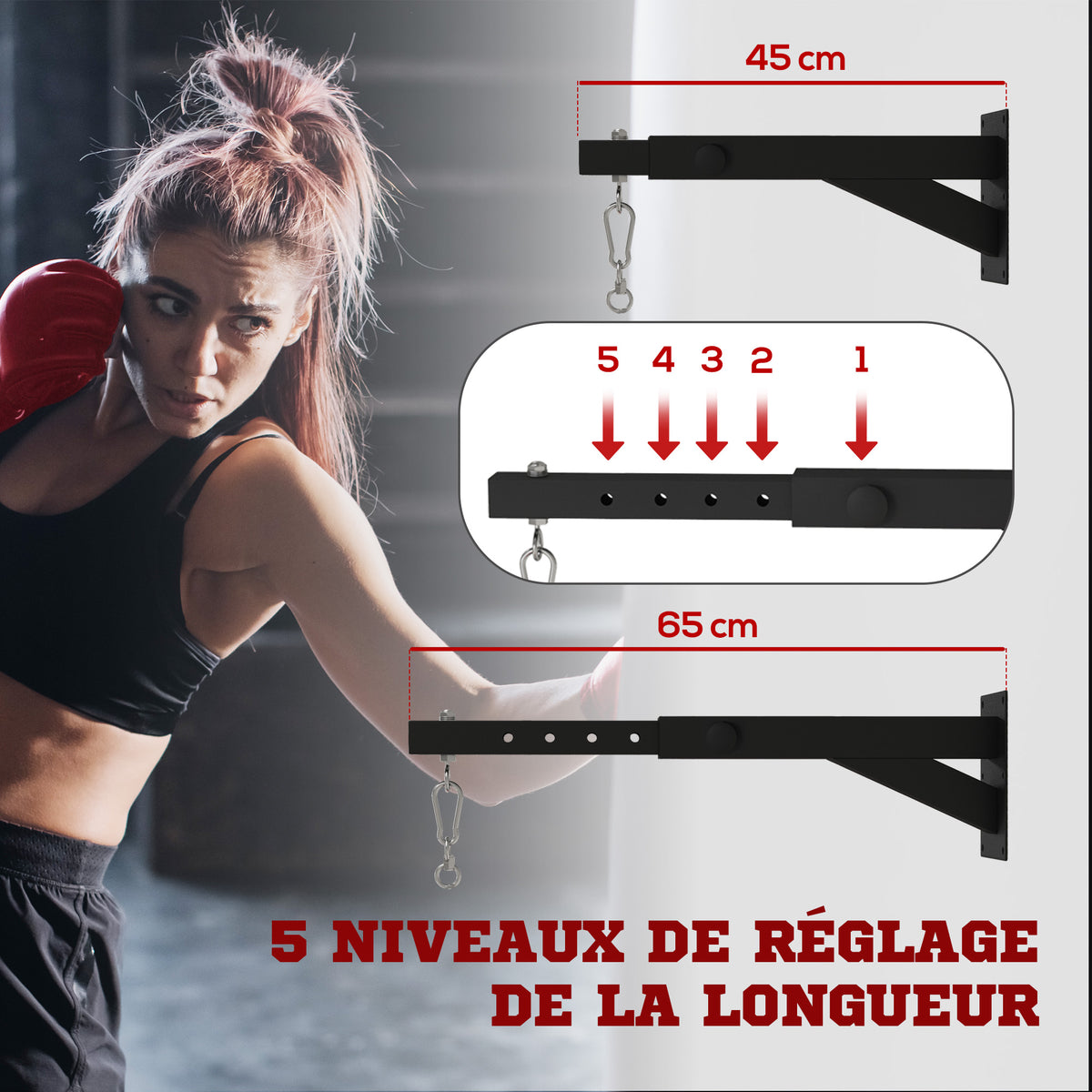 Support mural pour sac de boxe réglable à 5 longueurs, solide jusqu'à 60kg, pour l'entraînement de boxe, de kickboxing-3
