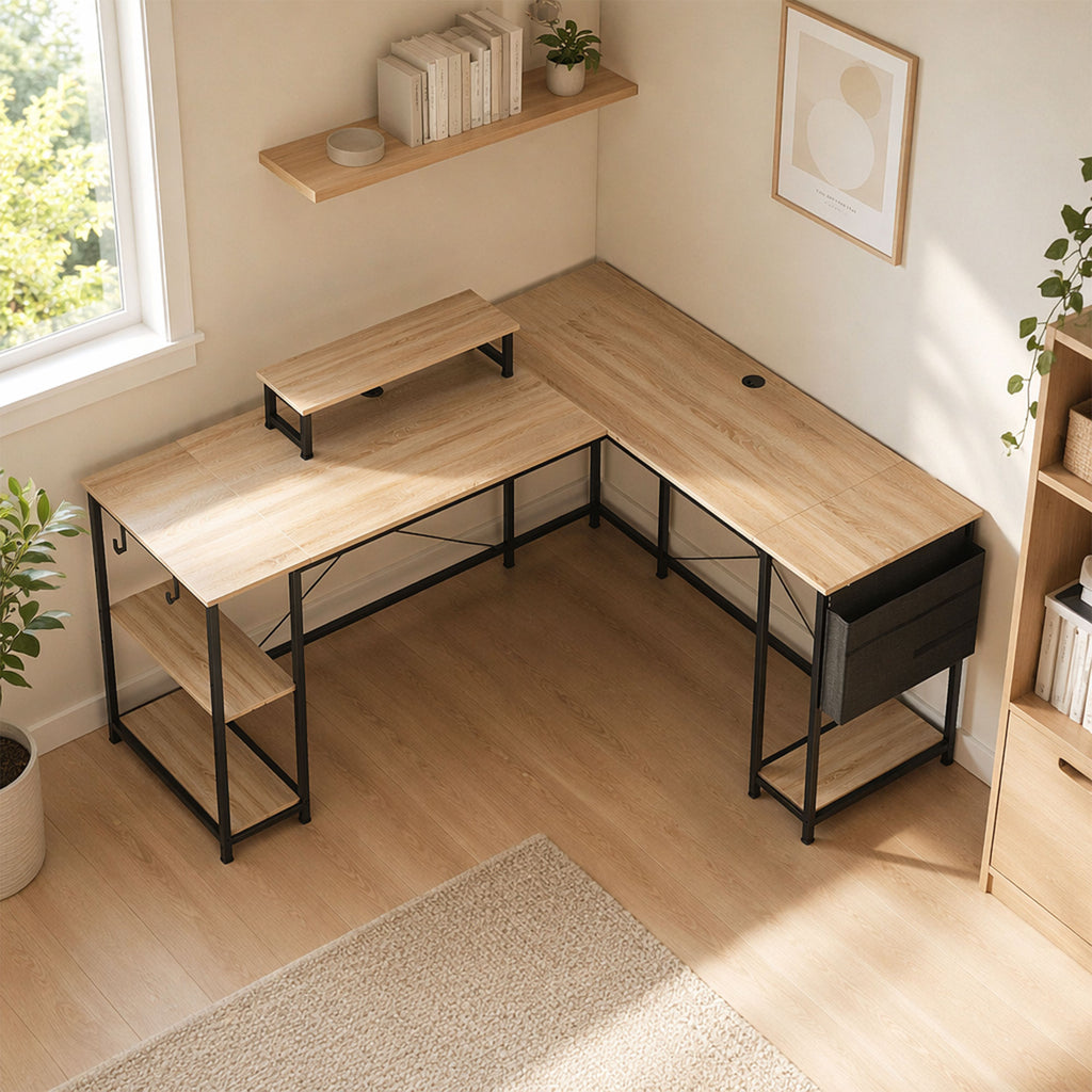 Bureau d'angle modulable réversible 168-240 cm style industriel - étagère réglable, sac de rangement, support d'écran-1