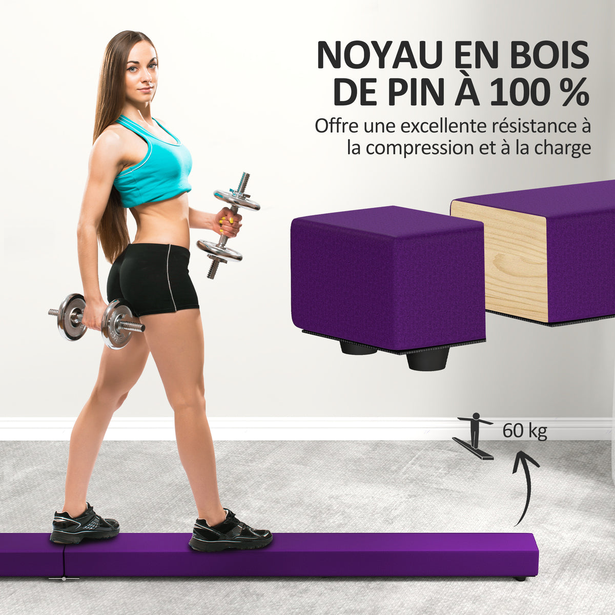 Poutre gymnastique pliable 210 cm en velours, poutre d'équilibre avec fond antidérapant, pour enfants et adultes, violet-4