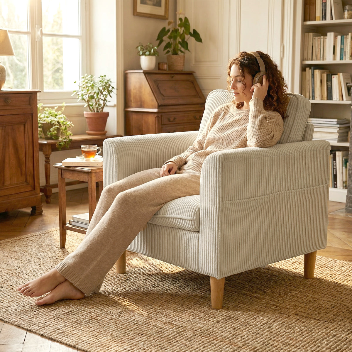 Fauteuil de salon en velours côtelé, canapé 1 place rembourré avec assise large et coussin à ressorts, 83x74x87cm, beige-7