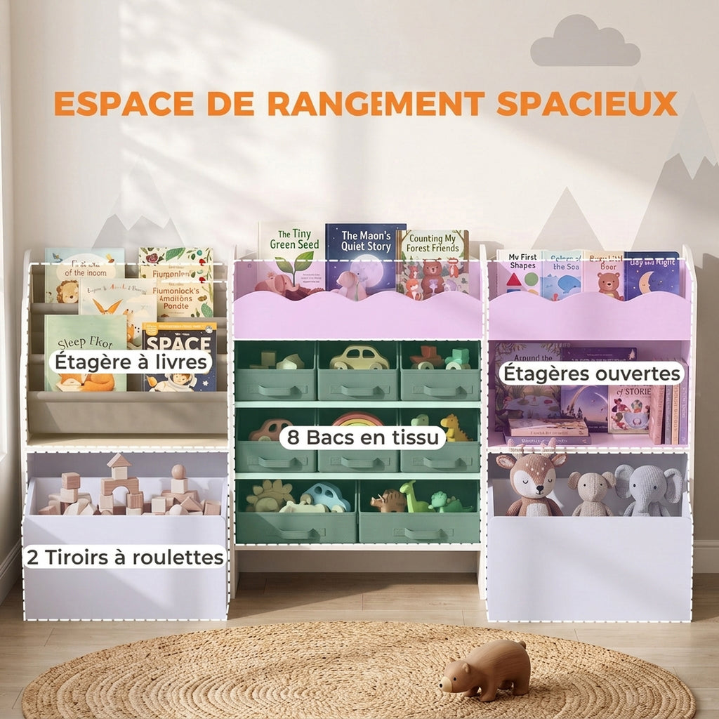 Meuble de rangement jouets enfant avec bibliothèque, 8 bacs en tissu, 2 tiroirs à roulettes et étagères ouvertes, blanc-3