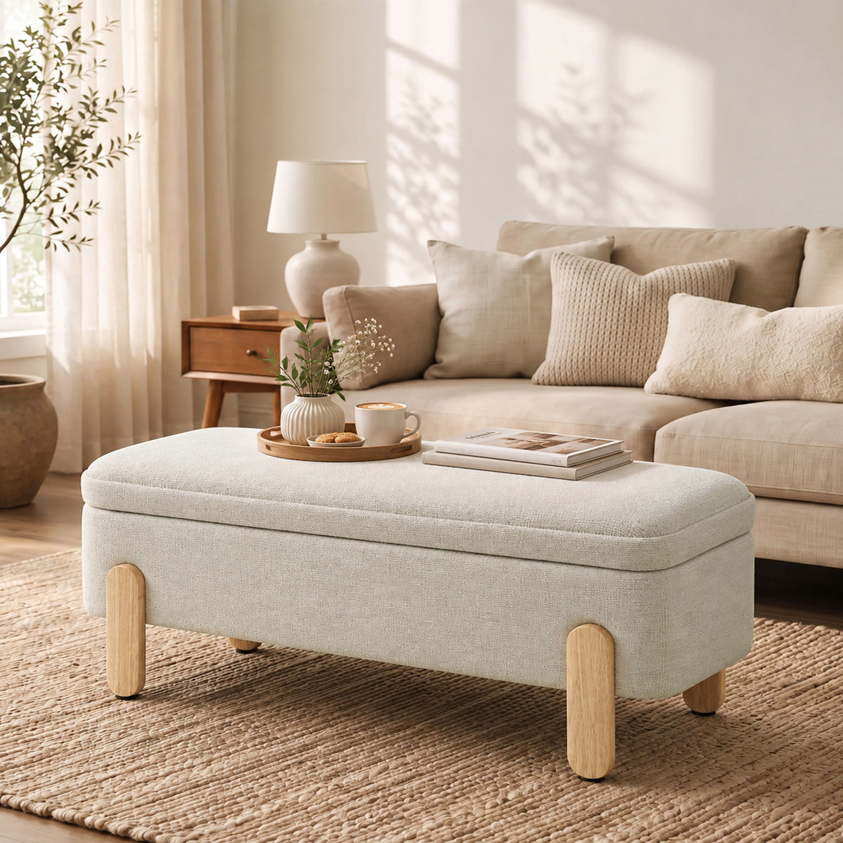 Banc Coffre de Rangement 108 cm, Bout de Lit en Chenille avec Pieds en Bois, Style Moderne, Charge Max. 220 kg, Beige-9